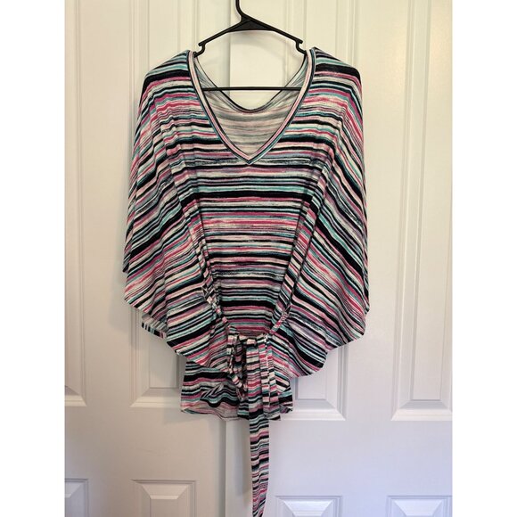 Lane Bryant Top 14/16 Surplice V-Neck Belted Pink Blue Striped NWT - Picture 2 of 5
